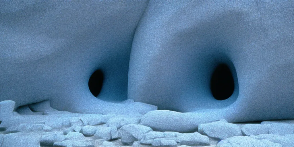 Image similar to a strange huge translucent pvc inflated organic architecture building with blue fluffy fur inside by anish kapoor sits in the rock mountains, film still from the movie directed by denis villeneuve with art direction by zdzisław beksinski, close up, telephoto lens, shallow depth of field