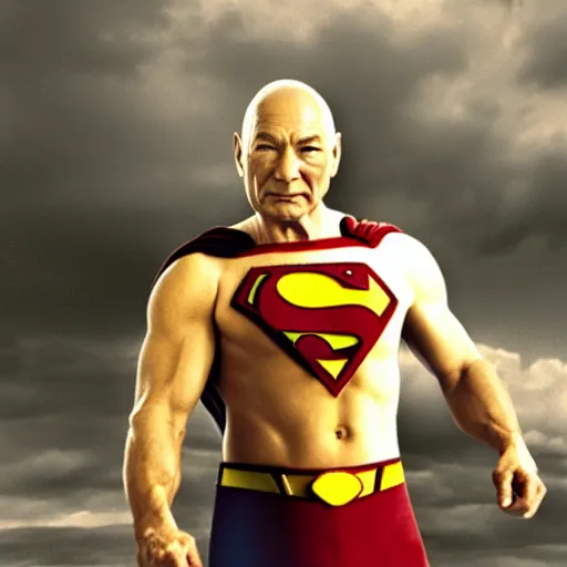 Prompt: Patrick Stewart as Superman, real photo, realistic, clean background