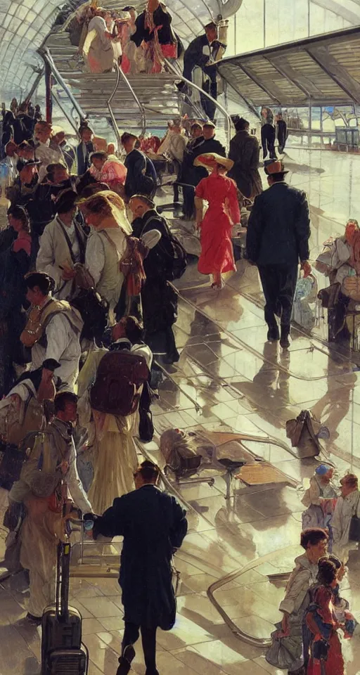 Prompt: Doctor disembarking from a plane at Heathrow terminal, sun shining, photo realistic illustration by greg rutkowski, thomas kindkade, alphonse mucha, loish, norman rockwell.