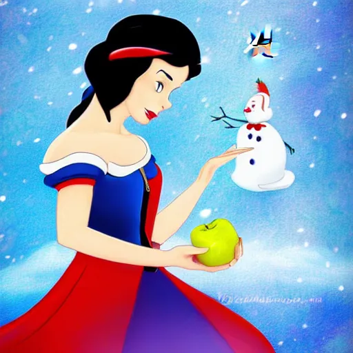 Image similar to snow white and the apple, colorful digital art