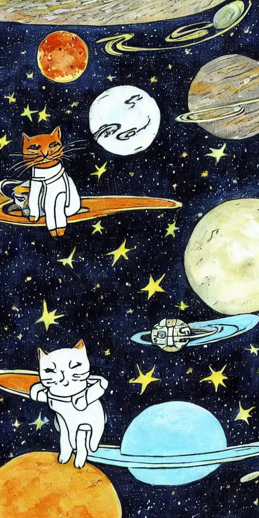 Prompt: space cat returning home from his journey