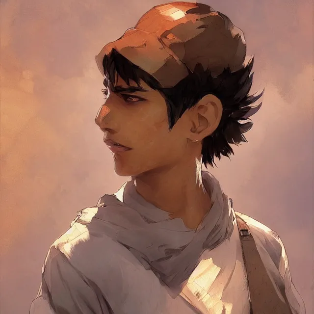 Image similar to tan skinned pakistani boy as an anime protagonist, elegant, intricate, digital painting, artstation, concept art, smooth, sharp focus, illustration, art by konstantin korovin and daniel f. gerhartz and john howe