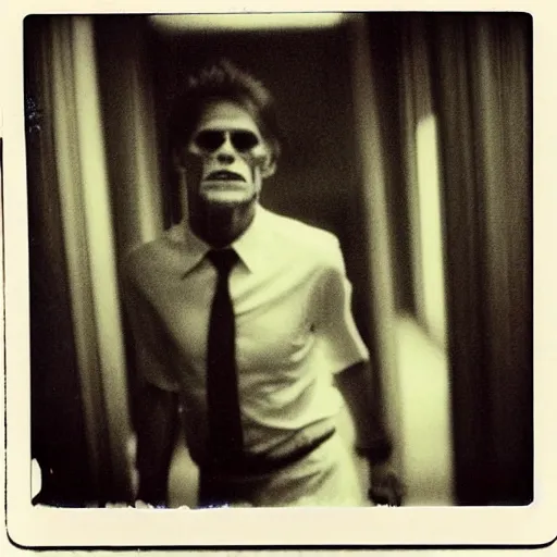 Image similar to A creepy polaroid photo of Willem Dafoe chasing you down a hallway