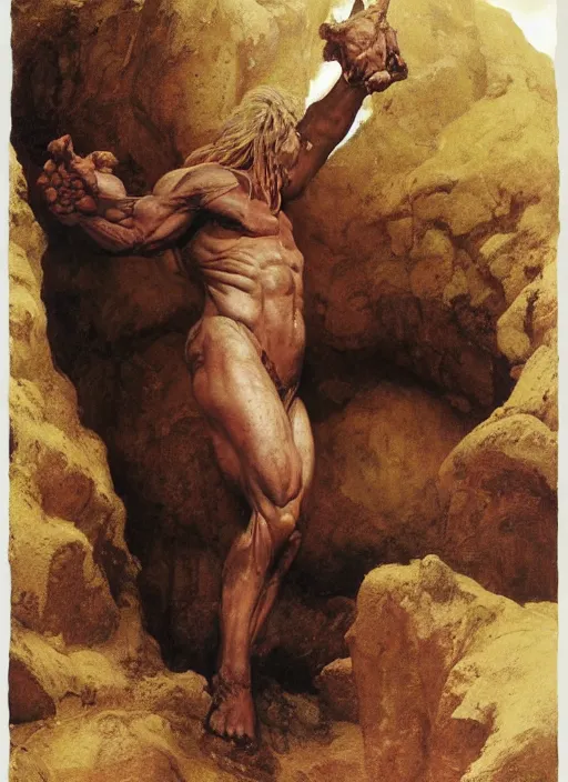 Image similar to full body portrait of a huge, miserable minotaur sitting in a dark cave, by boris vallejo and lawrence alma-tadema and simon bisley and greg manchess and zdzislaw beksinski and norman rockwell