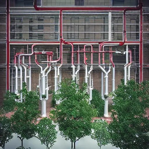 Image similar to “beautiful extreme high-tech factory building with trees sprouting from its high white and red chimneys with pipes shaped like a poset diagram, rendered in octane 3d high resolution, digital art, ultra realistic, ultra detailed, masterpiece”