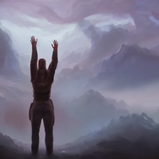 Prompt: a digital painting of a person with their hands in the air, an oil painting by noah bradley, cgsociety, fantasy art, apocalypse art, ominous, dystopian art