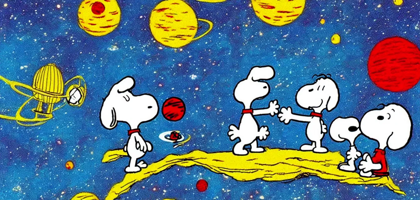 Prompt: calvin and snoopy in space exploring an alien planet, drawn by bill watterson and charles schulz, very detailed and cute and dreamy and playful and happy and cheerful