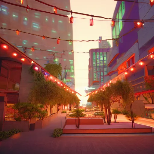 Image similar to Downtown Mexico, string lights, colorful lighting, night, unreal engine 5 tech demo, octane render, by Tooth Wu, by 'Frank Lloyd Wright