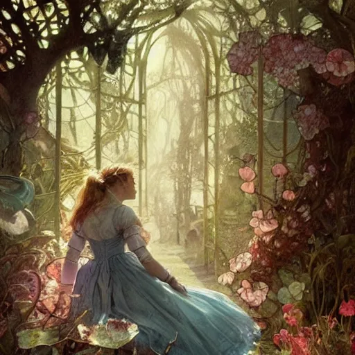 Image similar to a beautifull intricate watercolour painting of alice in wonderland scene, reflexions, verry high details by william turner art, greg rutkowski and alphonse mucha, trending on artstation, very very detailed, masterpiece, muted colors