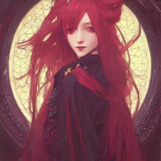 Prompt: a beautiful portrait of hatsune miku with red highlighted hair as a witch, fantasy, intricate, elegant, highly detailed, digital painting, artstation, concept art, matte, sharp focus, illustration, art by greg rutkowski and alphonse mucha