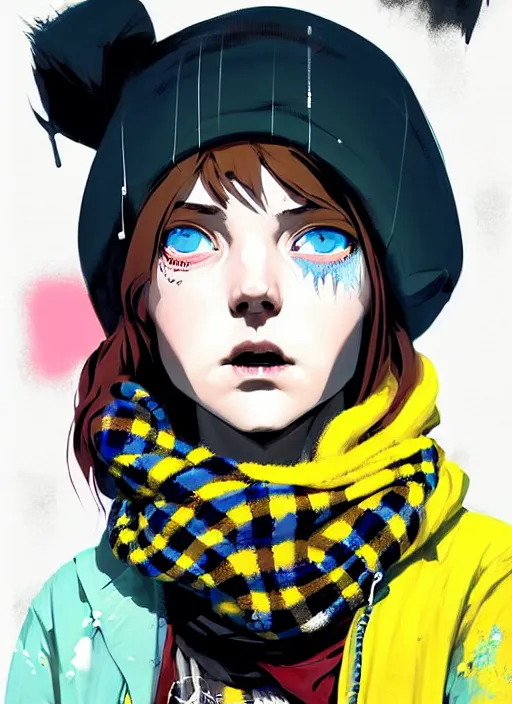 Prompt: highly detailed portrait of a sewer punk lady student, blue eyes, tartan hoodie and scarf, white hair by atey ghailan, by greg rutkowski, by greg tocchini, by james gilleard, by joe fenton, by kaethe butcher, gradient yellow, black, brown and pink color scheme, grunge aesthetic!!! ( ( graffiti tag wall background ) )