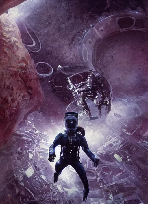 Image similar to astronauts in dark and empty void underwater - complex and hyperdetailed technical suit. reflection and dispersion materials. rays and dispersion of light. volumetric light. 5 0 mm, f / 3 2. noise film photo. flash photography. ultra realistic, wide angle. poster by wayne barlowe, hajime sorayama aaron horkey, craig mullins