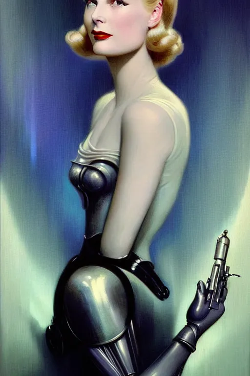 Prompt: beautiful evil cyborg grace kelly by steichen from the future in the style of a modern tom bagshaw, alphonse muca, victor horta, gaston bussiere. anatomically correct body mods. extremely lush detail. masterpiece. melancholic scene infected by night. perfect composition and lighting. sharp focus. high contrast lush surrealistic photorealism. sultry expression.