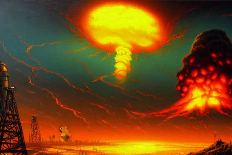 Prompt: grim oil painting of a huge nuclear explosion with toxic waste, octane rendering, trending on artstation, thomas kinkade and james gurney