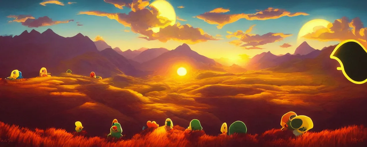 Image similar to detailed round pacman, with ghosts, in a beautiful nature landscape with clouds, mountains, in background, sunset, by rhads, round pacman, detailed, coherent