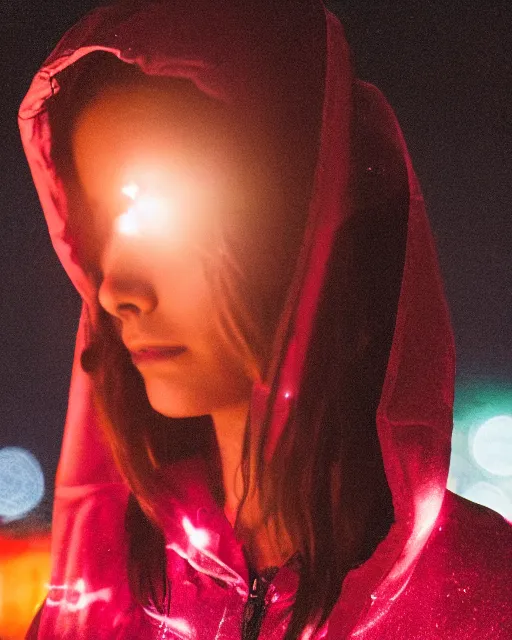 Prompt: a closeup portrait of as beautiful young woman wearing a transparent wet hoody standing in the middle of a busy night road, with lots on neon lights on the background, very backlit, moody feel, dramatic