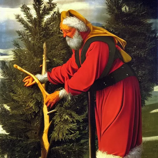 Prompt: Father Christmas cutting down a pine tree with an axe. Painted by Caravaggio