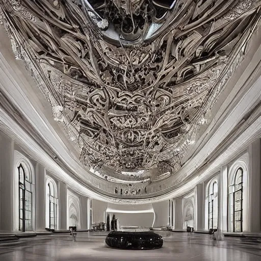 Prompt: Mars art center designed by Zaha Hadid with baroque elements. Ultra futuristic design that combines ornate baroque with clean organic forms.. Beautiful, enormous space with epic details