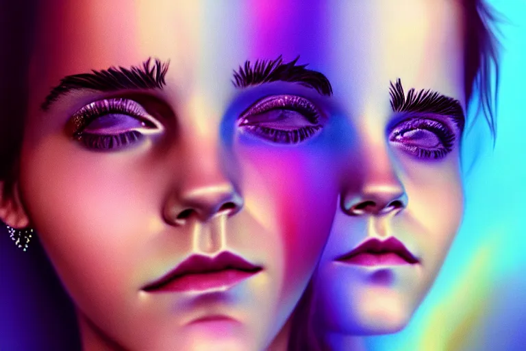 Image similar to surreal Portrait of Emma Watson in dmt chromatic surreal sparkling liquid enviroment , elegant, highly detailed, smooth, photoreal, sharp focus, illustration, beautiful, geometric, dmt trending on artstation, cinematic, artwork by WLOP