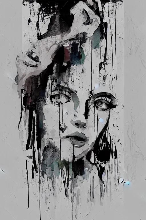 Prompt: the abstract painting of an image of a lady artistic flat illustration by Joshy Sly, creative art, soft colors mono chromatic, black color on white background, watercolor effect