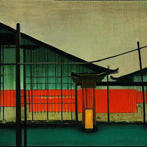 Image similar to a chinese prison near a river by peter doig, muted colors