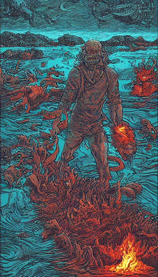 Image similar to man on boat crossing a body of water in hell with creatures in the water, sea of souls, by dan mumford,