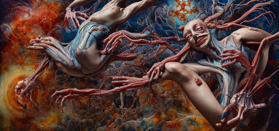 Prompt: fleshy anatomical figures with extra limbs, hovering in the air, zero gravity, neurons firing, rich colours, karol bak, mark brooks, hauntingly surreal, highly detailed painting by katsuhiro otomo, part by james jean, part by adrian ghenie, part by gerhard richter, soft light 4 k