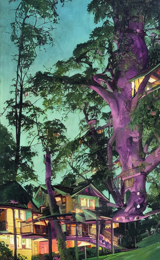 Prompt: a suburban treehouse neighborhood with deep green and purple glowing clouds. highly detailed science fiction painting by norman rockwell, frank frazetta, and syd mead. rich colors, high contrast, gloomy atmosphere, dark background. trending on artstation.