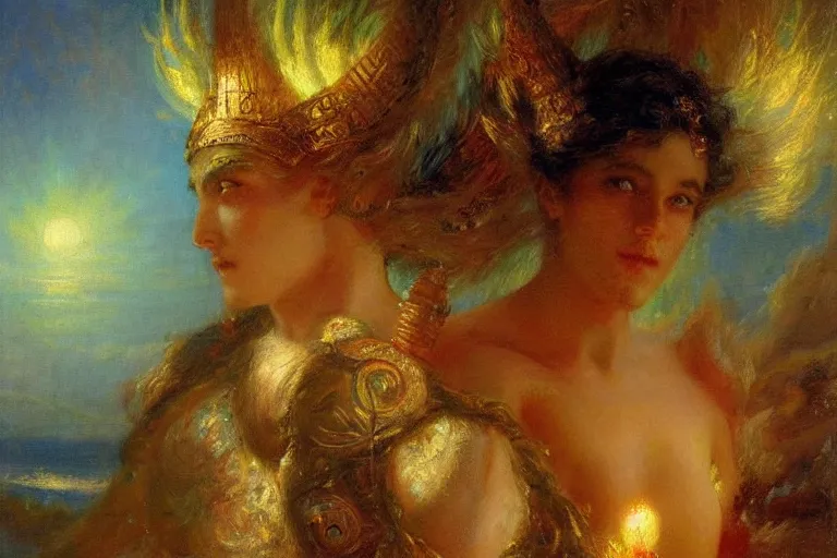 Prompt: portrait of the personification of the sun, god of all things. art by gaston bussiere.