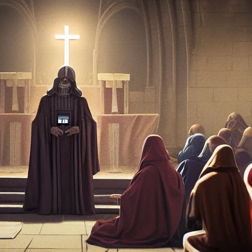 Image similar to emperor palpatine preaching to people at church, 8k cinematic lighting, very sharp detail, anatomically correct