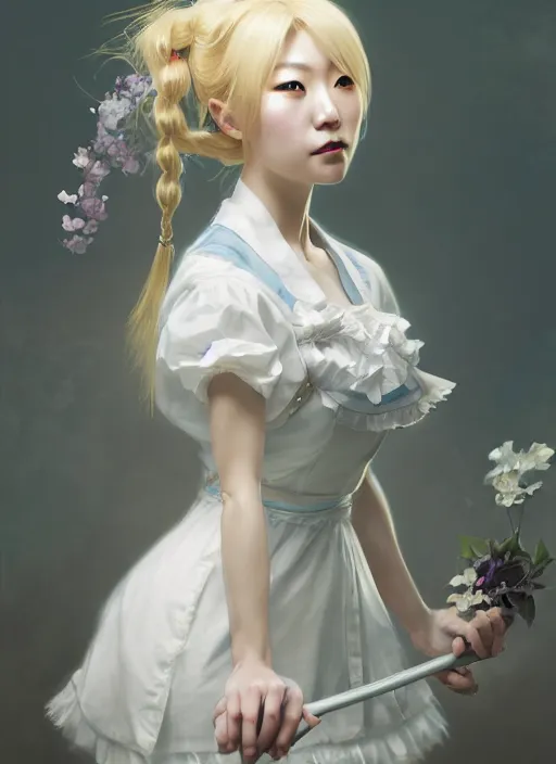 Prompt: portrait of a beautiful japanese girl with blonde hair dressed as a french maid, elegant, highly detailed, digital painting, 8 k, concept art, smooth, sharp focus, illustration, ethereal, misty, octane render, by ruan jia and zeen chin and greg rutkowski and alphonse mucha