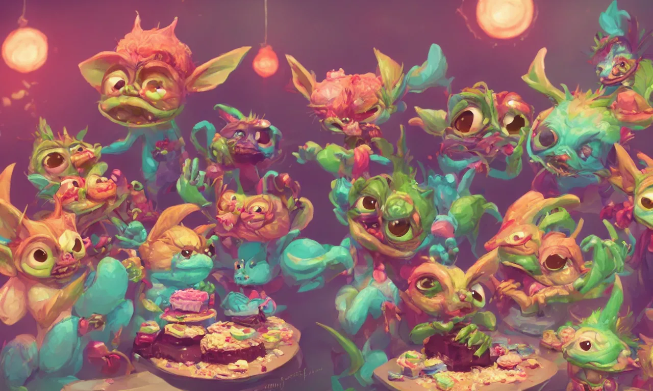 Prompt: cute gremlins eating cakes, vivid colors, high details, cinematic, 8k resolution, beautiful detailed, photorealistic, digital painting, artstation, concept art, smooth, sharp focus, illustration, fantasy background, artstation trending, octane render, unreal engine