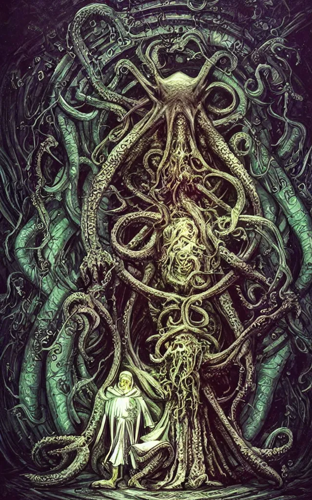 Image similar to pope priest in front of a cthulhu within a viscosity fluid lovecraft portal artwork by android jones, smooth lighting, detailed