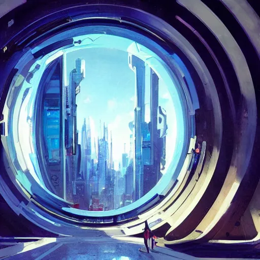 Image similar to circular derelict portal in a middle of a futuristic cityscape, world with trees seen through a portal, daylight, cinematic perspective, cinematic lighting, blue sky, syd mead, john harris