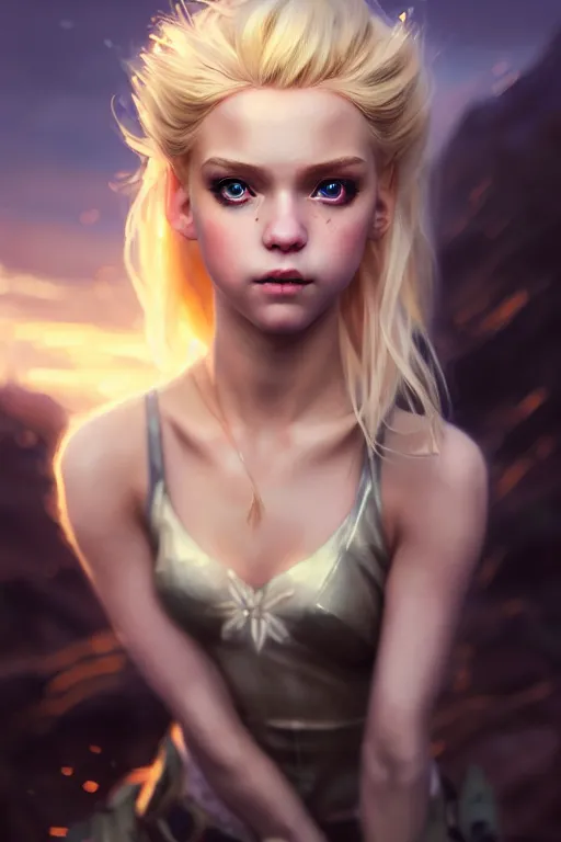 Image similar to cinematic shot of an epic portrait of a cute blonde fairy dressed in military clothes, stylised military clothes, shiny skin, beautiful eyes, beautiful, small details, night setting, realistic poster with volumetric light from craig mallism, artgerm, jeremy lipkin and michael garmash, unreal engine, radiant light, digital art, trends at art station, a masterpiece