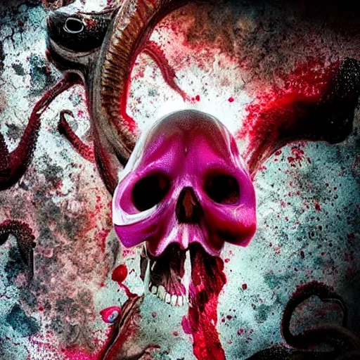 Image similar to bleeding colors skull octopus hybrid, big budget movie scene, horror reality, award winning photograph, cinematic lighting, realistic!, hyperrealism, realistic refine flavor, real photo