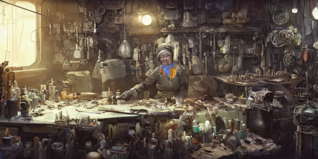 Prompt: an environmental concept art of an elderly russian woman cyberneticist in a cluttered workshop, surgical implements, surgery table, highly detailed, cinematic, dramatic, cyberpunk, dieselpunk, scifi space station, horror, bladerunner 2 0 4 9