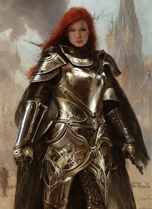 Image similar to happy redhead wearing shiny black medieval armour, detailed, by gaston bussiere, bayard wu, greg rutkowski, giger, maxim verehin, greg rutkowski, masterpiece, sharp focus, cinematic lightning