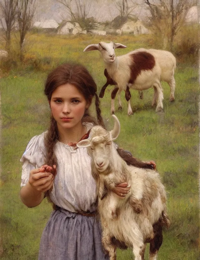 Image similar to portrait of peasant girl holding goat in her hands, cottage core, cinematic focus, polaroid photo bleached vintage pastel colors high - key lighting, soft lights, foggy, by steve hanks, by lisa yuskavage, by serov valentin, by tarkovsky, 8 k render, detailed, oil on canvas