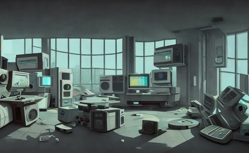 Image similar to Interior shot of a futuristic brutalist studio apartment with computers by Petros Afshar and Beeple, James Gilleard, Mark Ryden, Wolfgang Lettl highly detailed