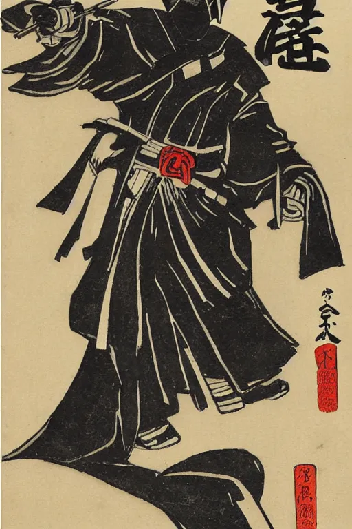 Image similar to Japanese woodblock print of Darth Vader holding a samurai sword , Hokusai