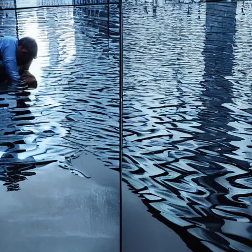 Prompt: man with a mirror in a city of glass flooded with water, lot of reflection, ray of light