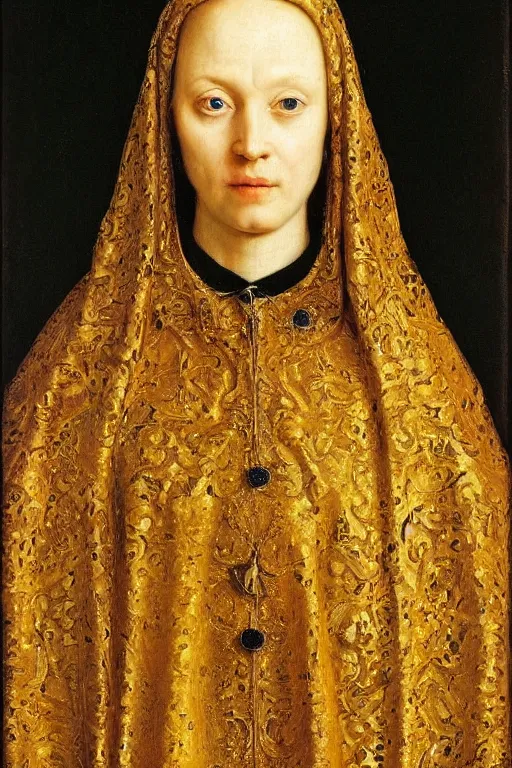 Prompt: portrait of beauty, oil painting by jan van eyck, oil on canvas, wet - on - wet technique, realistic, expressive emotions, detailed textures, illusionistic detail