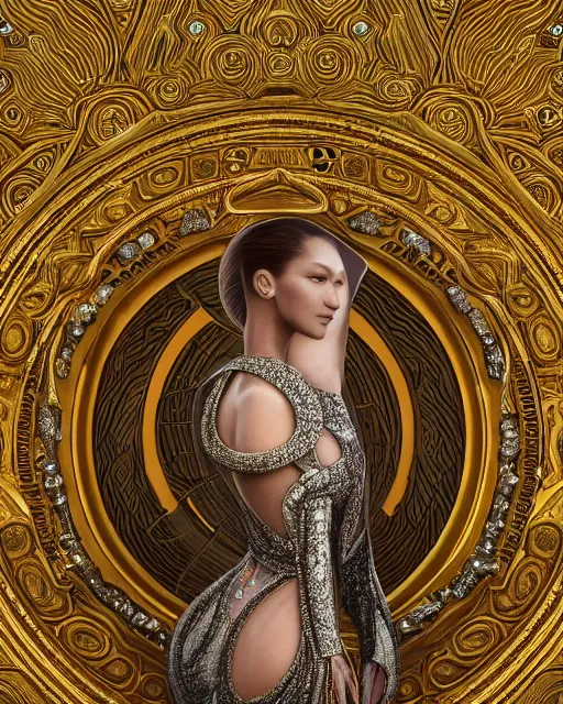 Prompt: a highly detailed metahuman 4 k close up render of a bella hadid as religious monument renaissance in iris van herpen dress schiaparelli in diamonds crystals swarovski and jewelry iridescent in style of alphonse mucha gustav klimt trending on artstation made in unreal engine 4