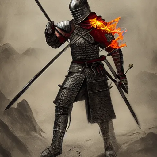 Prompt: medieval knight with a flaming greatsword dueling a samurai with a flaming katana at the foot of a mountain, concept art, matte painting, ultra fine detail, dark and gloomy