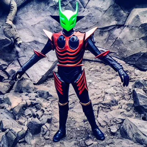 Prompt: High Fantasy Kamen Rider walking in a rock quarry, single character full body, 4k, glowing eyes, daytime, rubber suit, dark blue with red secondary color dragon inspired segmented armor made out of pvc plastic, ultra realistic, vibrant colors, Cinematography