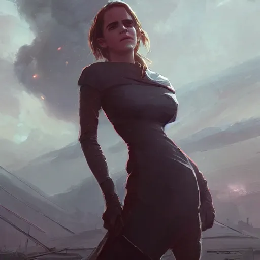 Prompt: a portrait of emma watson wearing skintight dress, post apocalyptic earth in the background as seen by greg rutkowski, dark theme, enchanted, warm colors, high quality, waw, trending on artstation