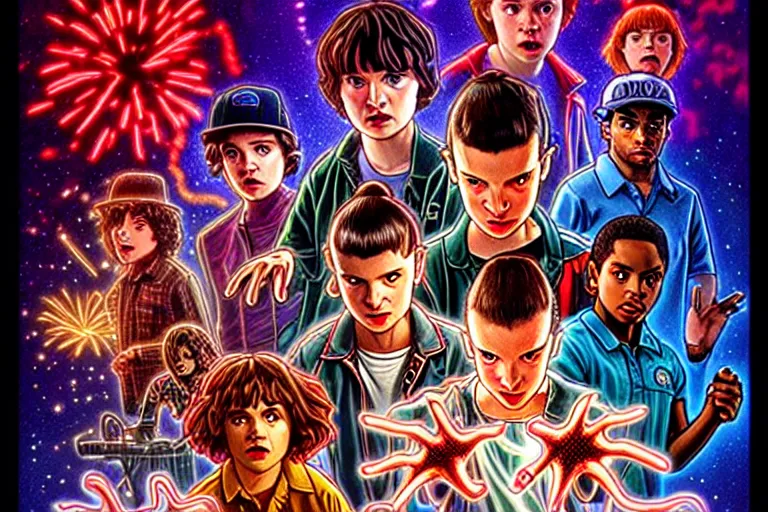 Image similar to closeup shot from the animated version of Stranger Things by Matt Groening, cartoon, detailed faces, high resolution, hyper detailed, intricate, illustrated, dramatic lighting, illustration, artstation, concept art, smooth, sharp focus, art by Alphonse Mucha and Matt Groening !n-9