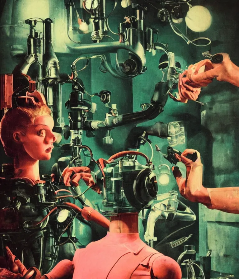 Image similar to a female mad scientist building a humanoid robot man, in a darkly lit laboratory room, 1 9 5 0 s horror film movie poster style, ( norman rockwell oil painting ), medium shot, close - up shot, retro science fiction, vintage, saturated pink and green lighting, shadowy lighting, cohesive