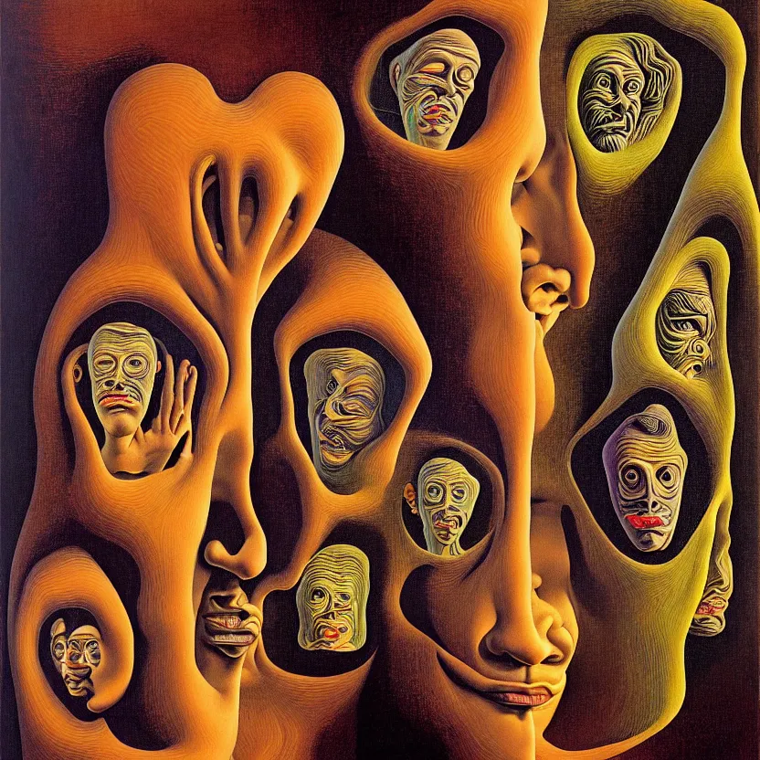 Prompt: a face coming out of a face coming out of a face coming out of a face, recursion, fractals, surreal, by salvador dali and mc escher and max ernst, oil on canvas, weird, dreams, fantasy, intricate details, soft lighting, warm colors